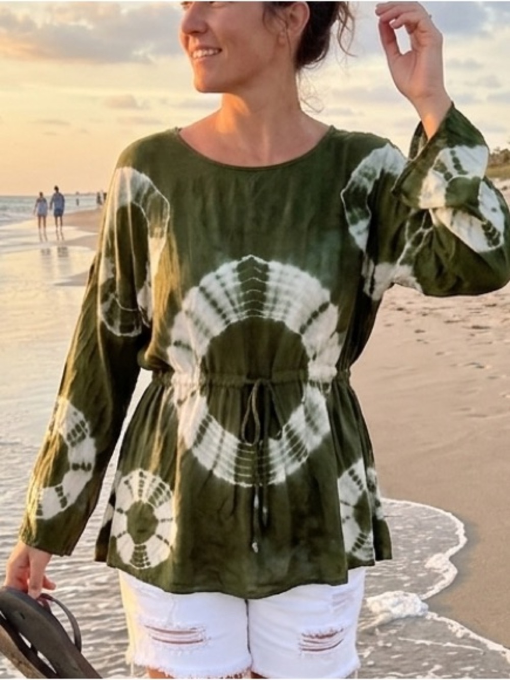 Earthbound Trading Co. Olive Green Tie-Dye Boho Tunic Top XL Beachey Resort